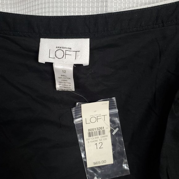 Loft NWT Size 12 Skirt Cotton Pleated A-line Beaded Pom Pom Hem Lined Midi Black - Picture 6 of 13